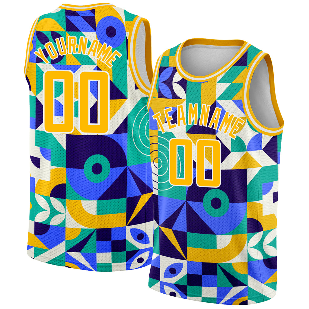 Custom Royal Gold-White 3D Pattern Design Abstract Geometric Shapes Authentic Basketball Jersey