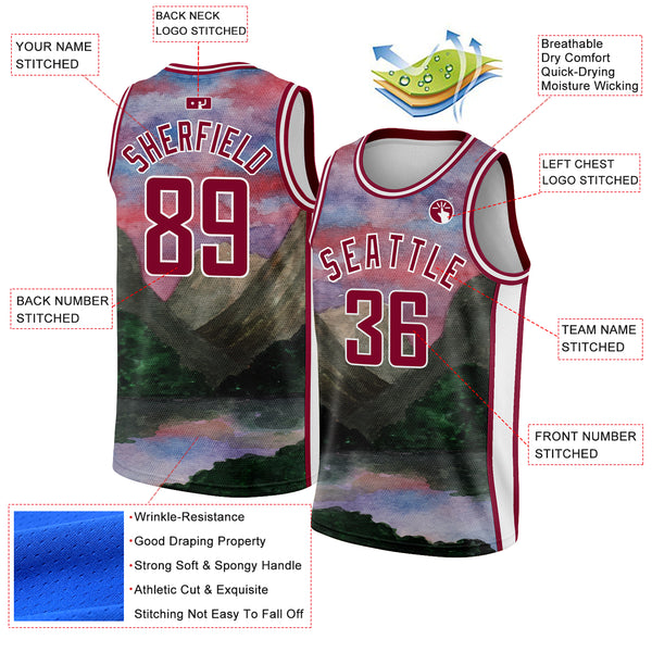 Custom White Maroon 3D Pattern Design Natural Landscape Watercolor Style Authentic Basketball Jersey