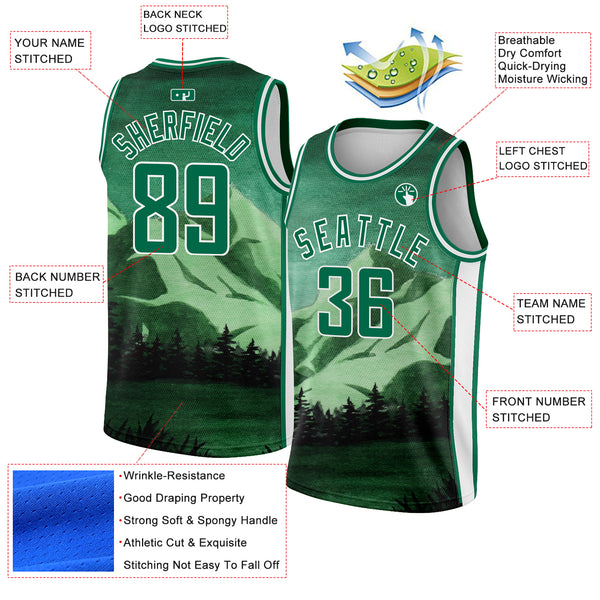 Custom Kelly Green White 3D Pattern Design Natural Landscape Watercolor Style Authentic Basketball Jersey