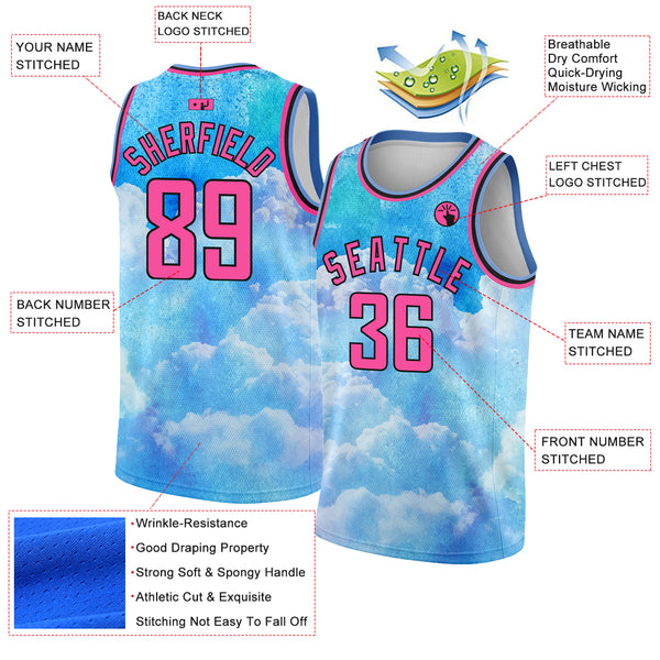 Custom Sky Blue Pink-Black 3D Pattern Design Sky With Clouds Watercolor Style Authentic Basketball Jersey