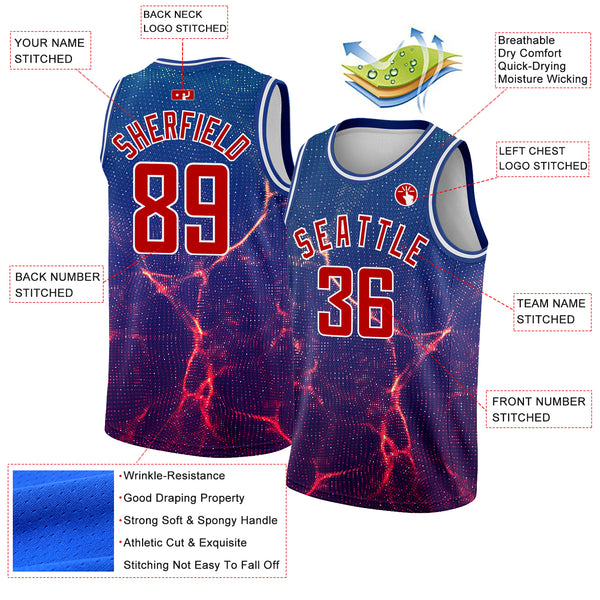 Custom Royal White-Red 3D Pattern Design Abstract Violet Wave Authentic Basketball Jersey