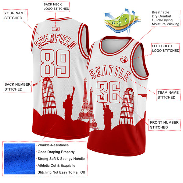Custom White Red Holiday Travel Monuments Silhouette Authentic City Edition Basketball Jersey