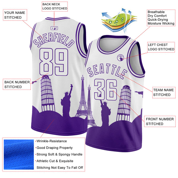 Custom White Purple Holiday Travel Monuments Silhouette Authentic City Edition Basketball Jersey