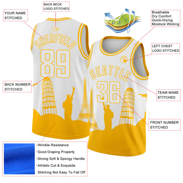 Custom White Gold Holiday Travel Monuments Silhouette Authentic City Edition Basketball Jersey