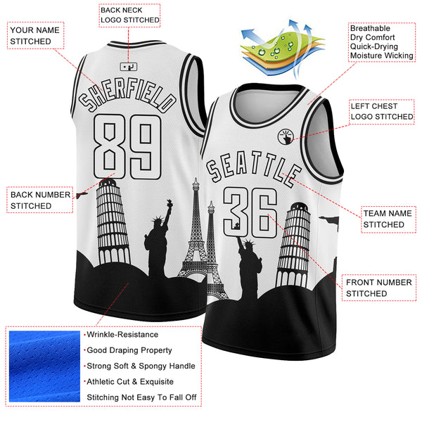 Custom White Black Holiday Travel Monuments Silhouette Authentic City Edition Basketball Jersey