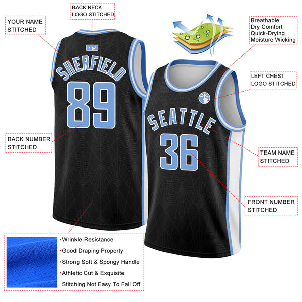 Custom Black Light Blue-White Geometric Shapes And Side Stripes Authentic City Edition Basketball Jersey