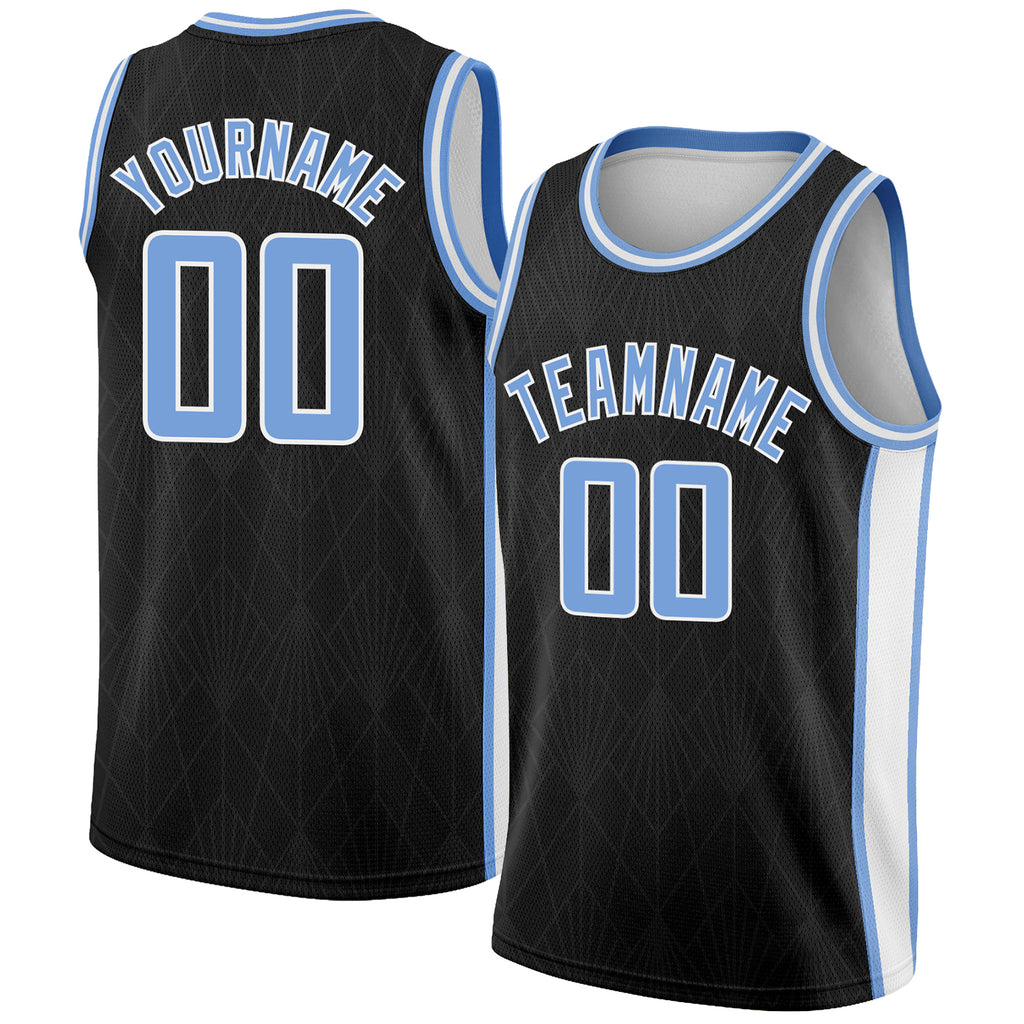 Custom Black Light Blue-White Geometric Shapes And Side Stripes Authentic City Edition Basketball Jersey