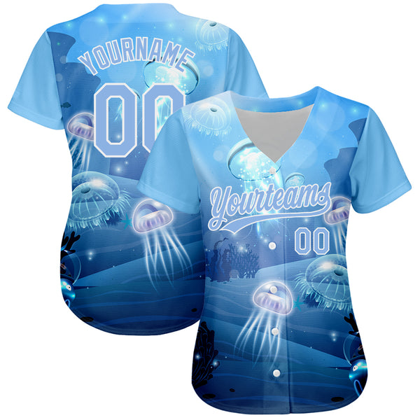Custom Light Blue White 3D Pattern Design Jellyfish Underwater Life Authentic Baseball Jersey