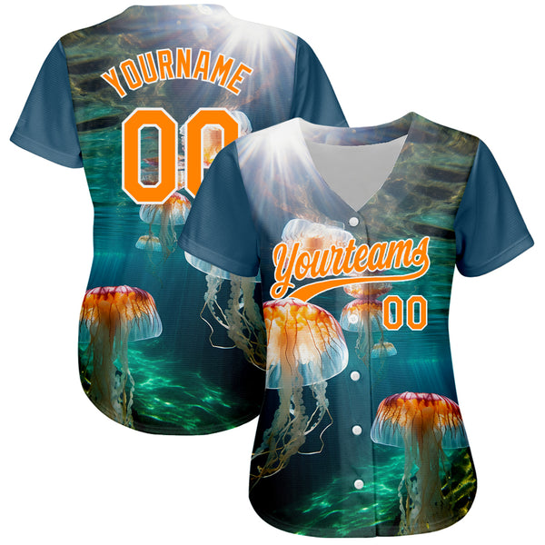 Custom Navy Bay Orange-White 3D Pattern Design Jellyfish In The Ocean Authentic Baseball Jersey