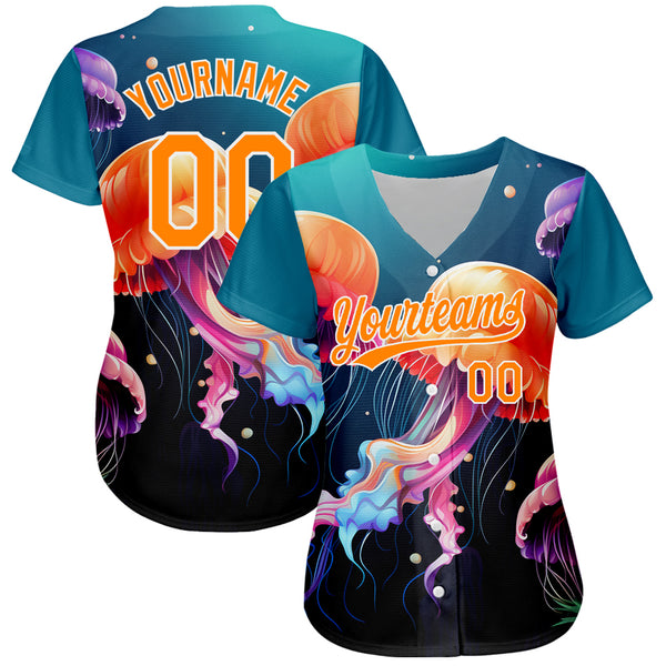 Custom Navy Bay Orange-White 3D Pattern Design Jellyfish Floating In The Ocean Authentic Baseball Jersey