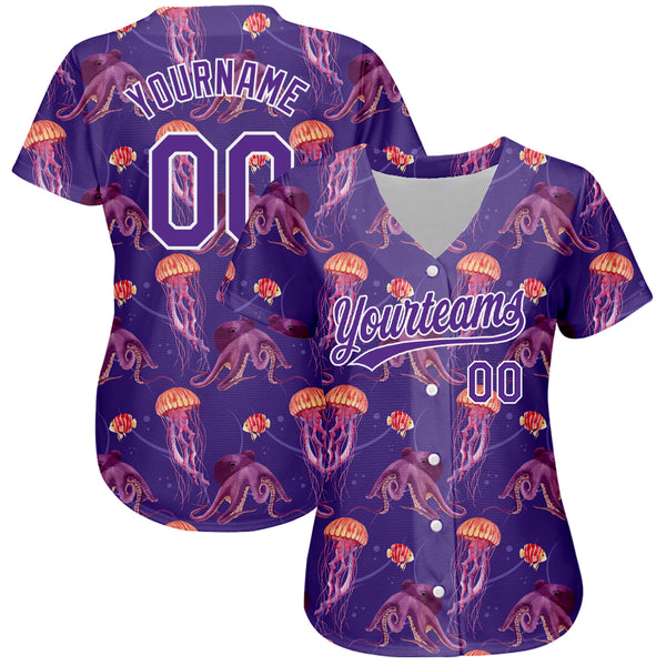 Custom Purple White 3D Pattern Design Jellyfish And Octopus Authentic Baseball Jersey