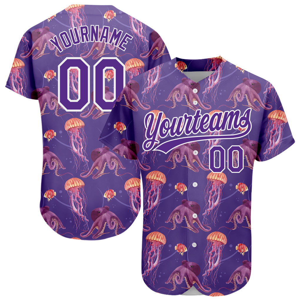 Custom Purple White 3D Pattern Design Jellyfish And Octopus Authentic Baseball Jersey