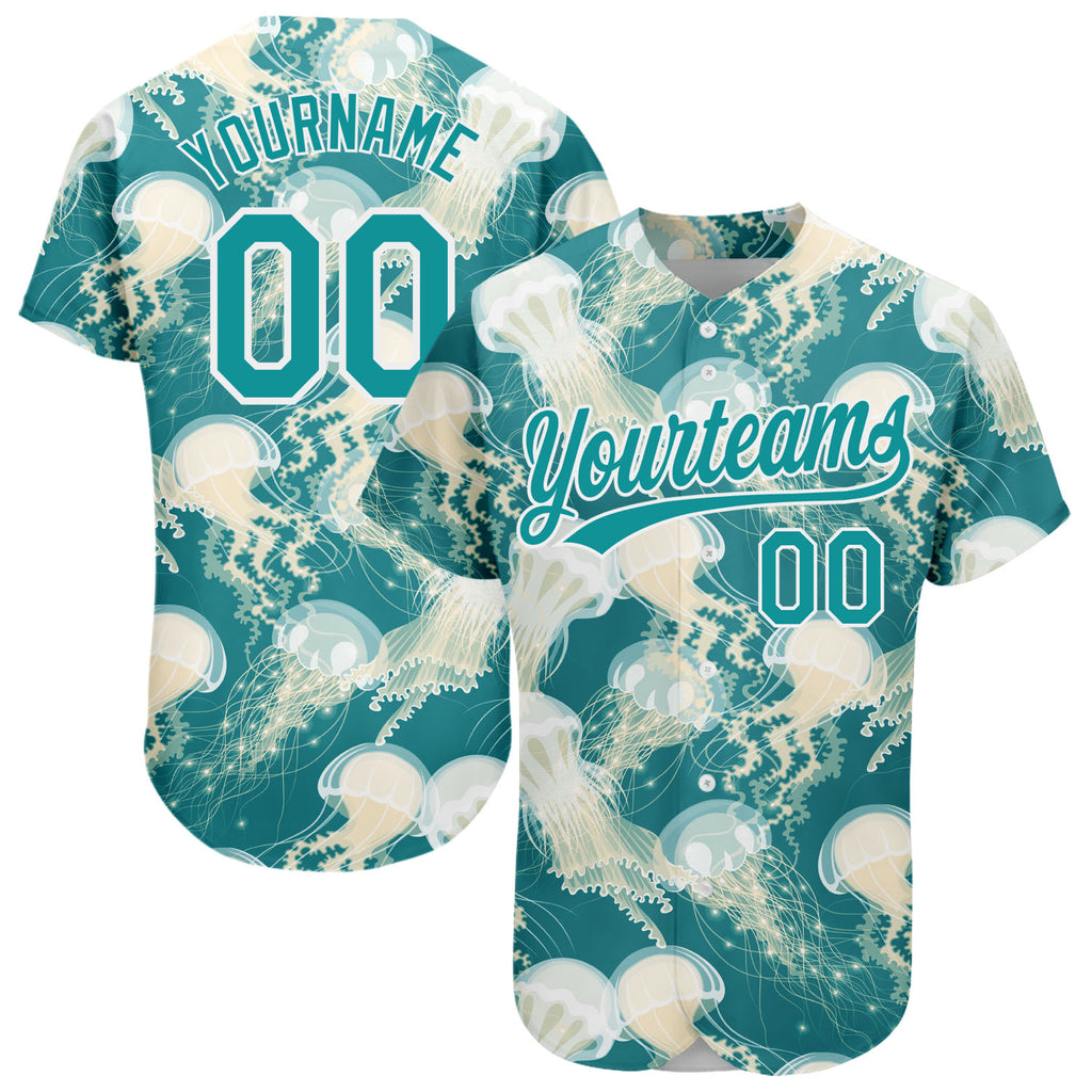 Custom Teal White 3D Pattern Design Jellyfish Authentic Baseball Jersey