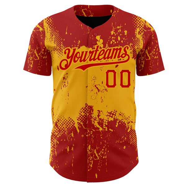 Custom Red Gold 3D Pattern Design Abstract Splatter Grunge Art Authentic Baseball Jersey