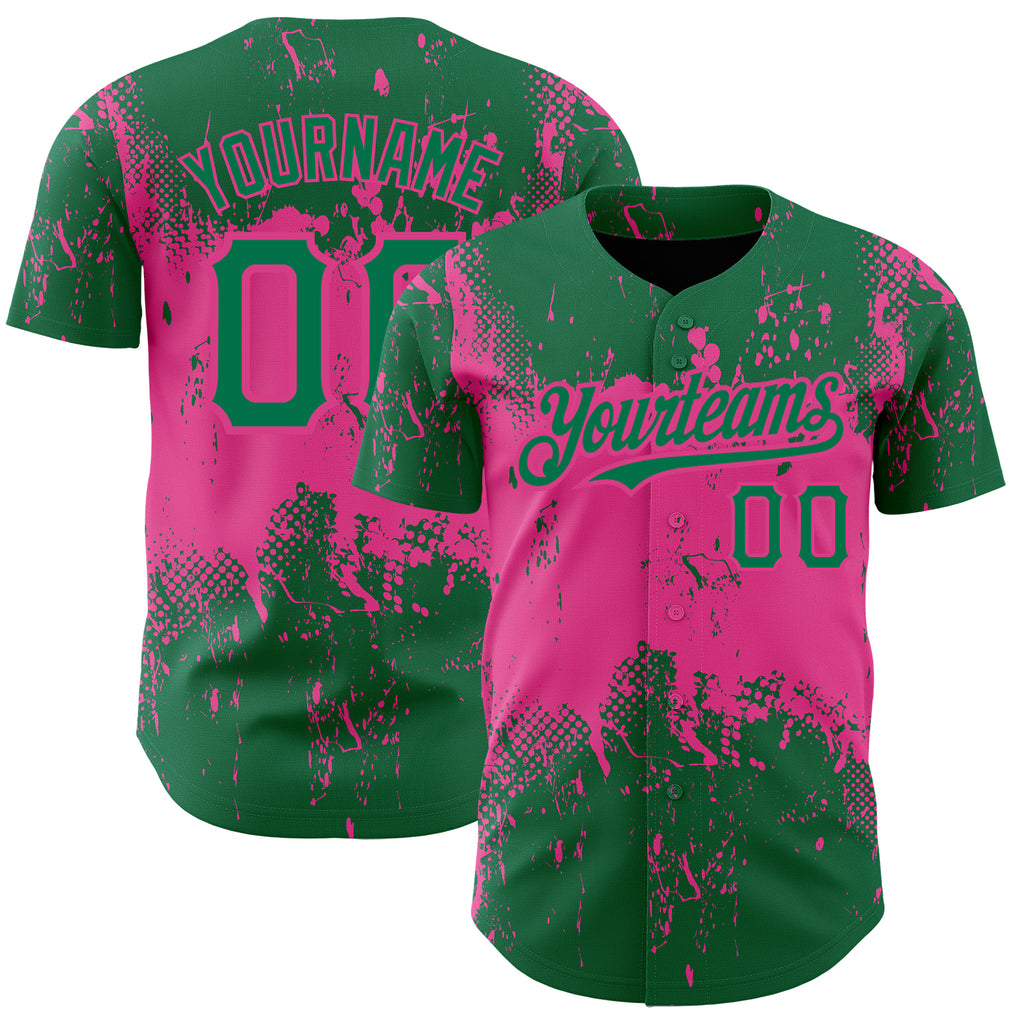 Custom Kelly Green Pink 3D Pattern Design Abstract Splatter Grunge Art Authentic Baseball Jersey