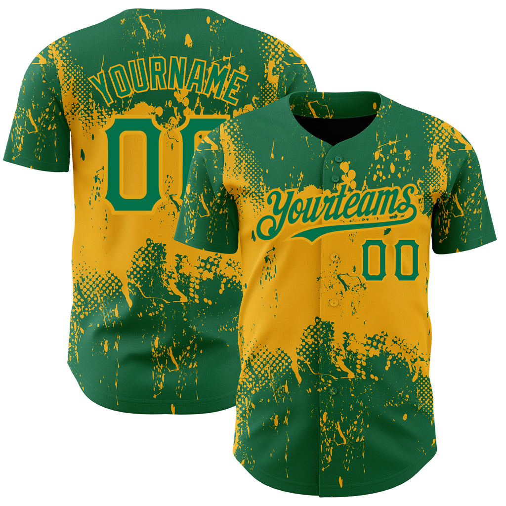 Custom Kelly Green Gold 3D Pattern Design Abstract Splatter Grunge Art Authentic Baseball Jersey