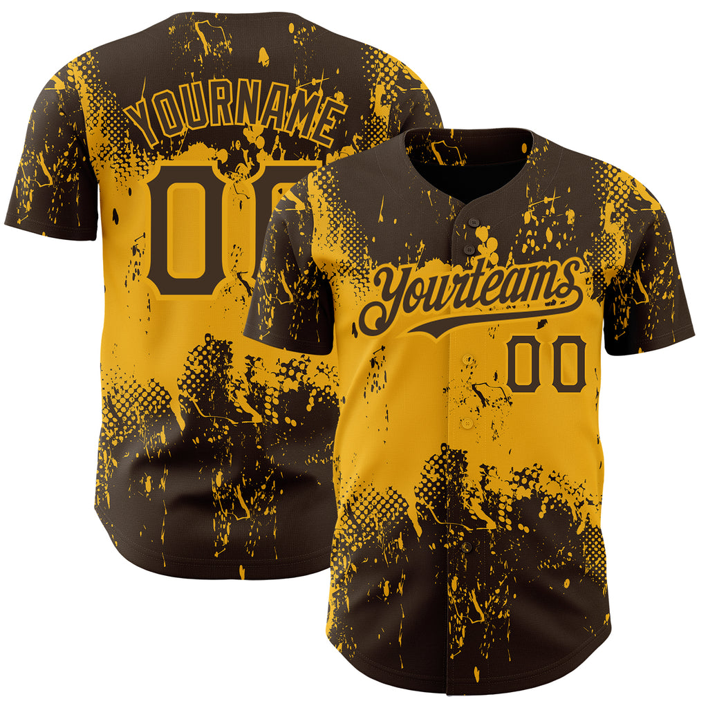 Custom Brown Gold 3D Pattern Design Abstract Splatter Grunge Art Authentic Baseball Jersey
