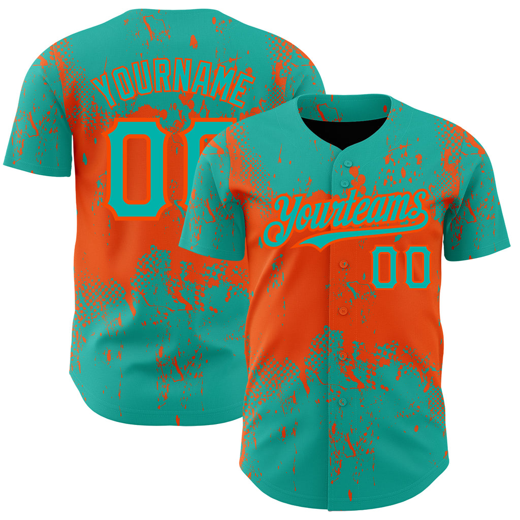Custom Aqua Orange 3D Pattern Design Abstract Splatter Grunge Art Authentic Baseball Jersey