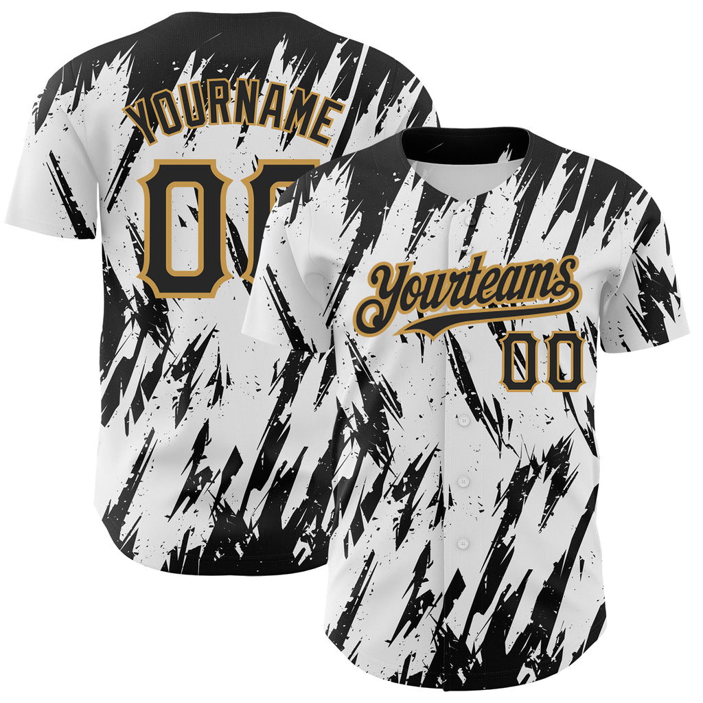 Custom White Black-Old Gold 3D Pattern Design Abstract Sharp Shape Authentic Baseball Jersey