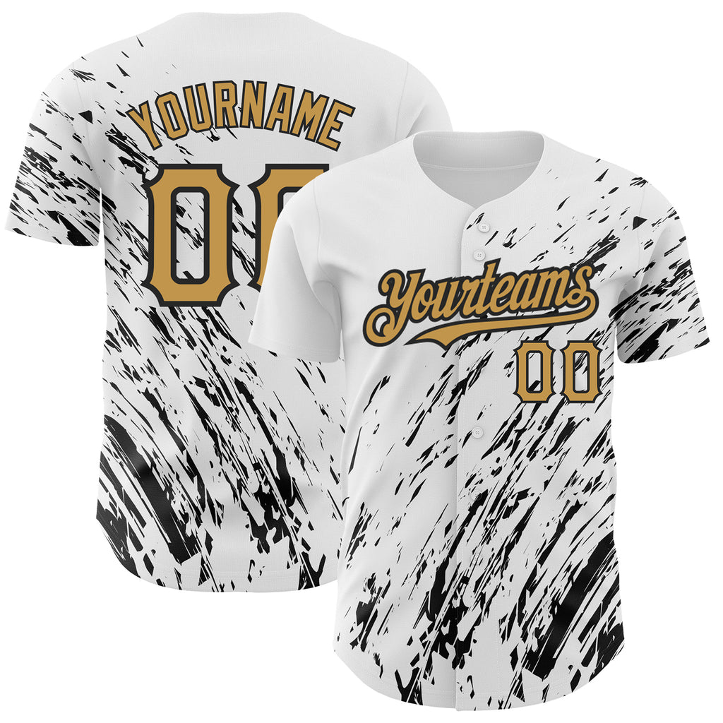 Custom White Old Gold-Black 3D Pattern Design Abstract Splash Authentic Baseball Jersey