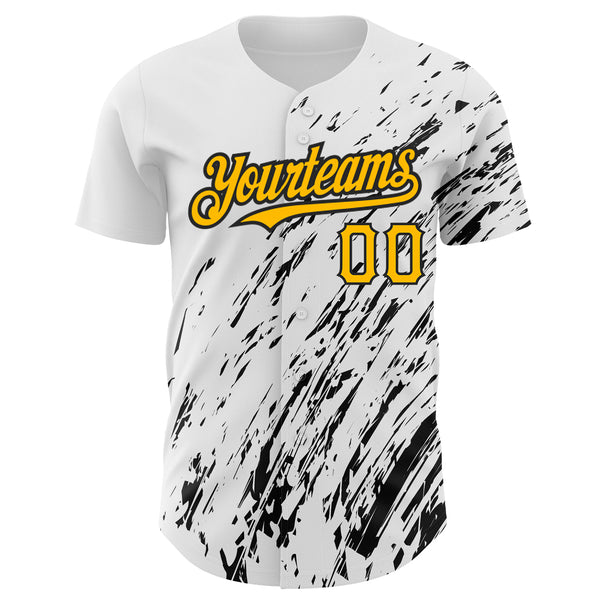 Custom White Gold-Black 3D Pattern Design Abstract Splash Authentic Baseball Jersey
