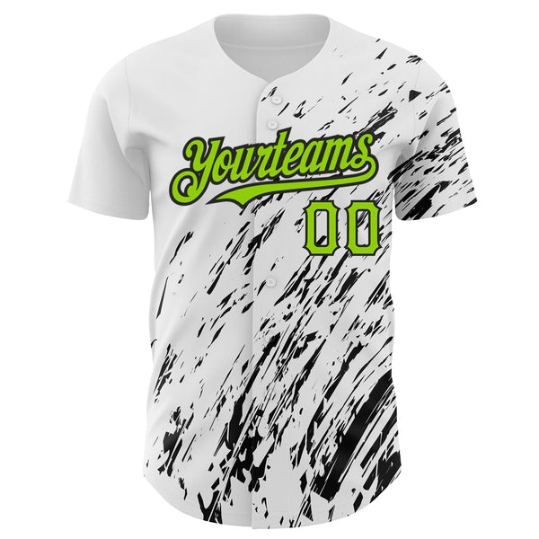 Custom White Neon Green-Black 3D Pattern Design Abstract Splash Authentic Baseball Jersey