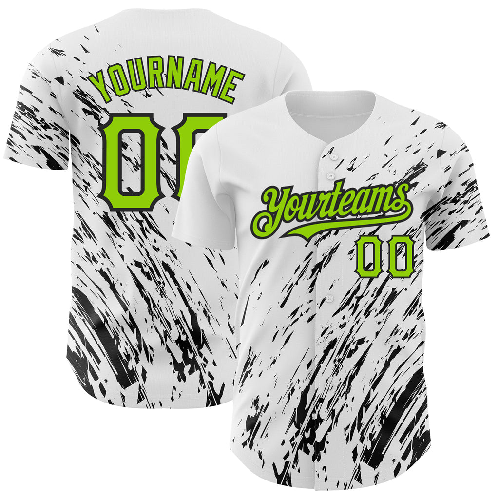 Custom White Neon Green-Black 3D Pattern Design Abstract Splash Authentic Baseball Jersey