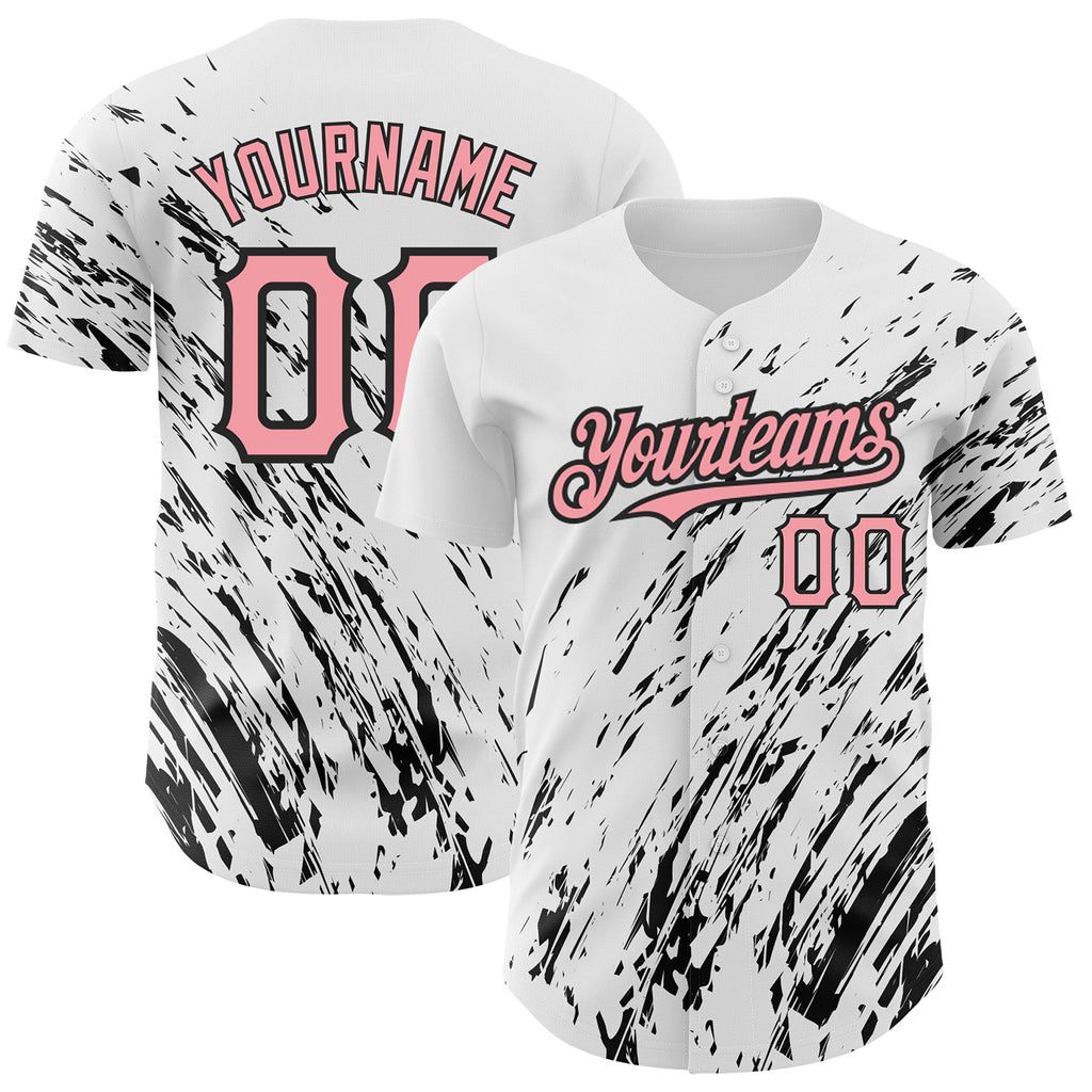 Custom White Medium Pink-Black 3D Pattern Design Abstract Splash Authentic Baseball Jersey