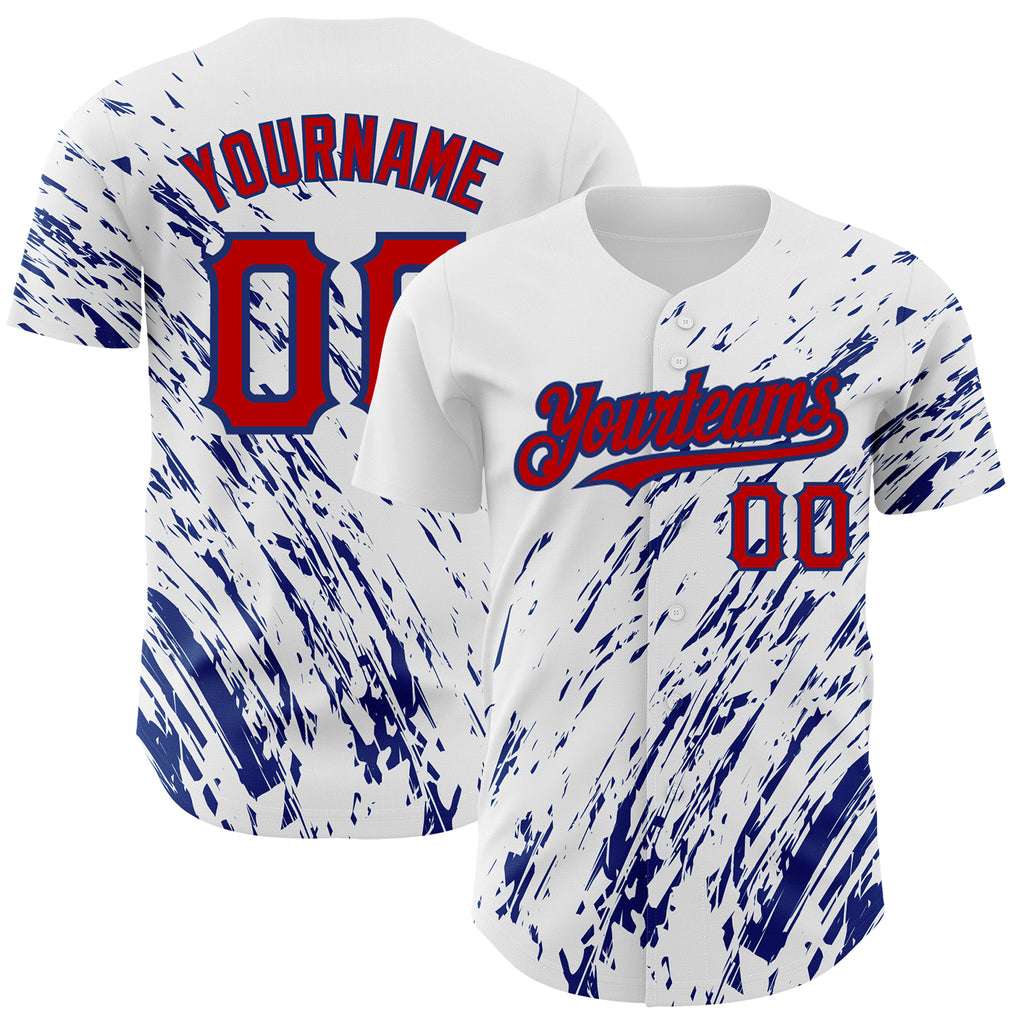 Custom White Red-Royal 3D Pattern Design Abstract Splash Authentic Baseball Jersey