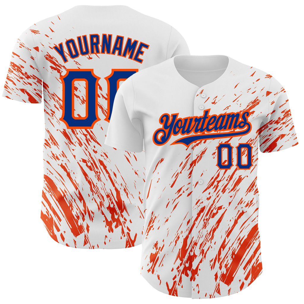 Custom White Royal-Orange 3D Pattern Design Abstract Splash Authentic Baseball Jersey