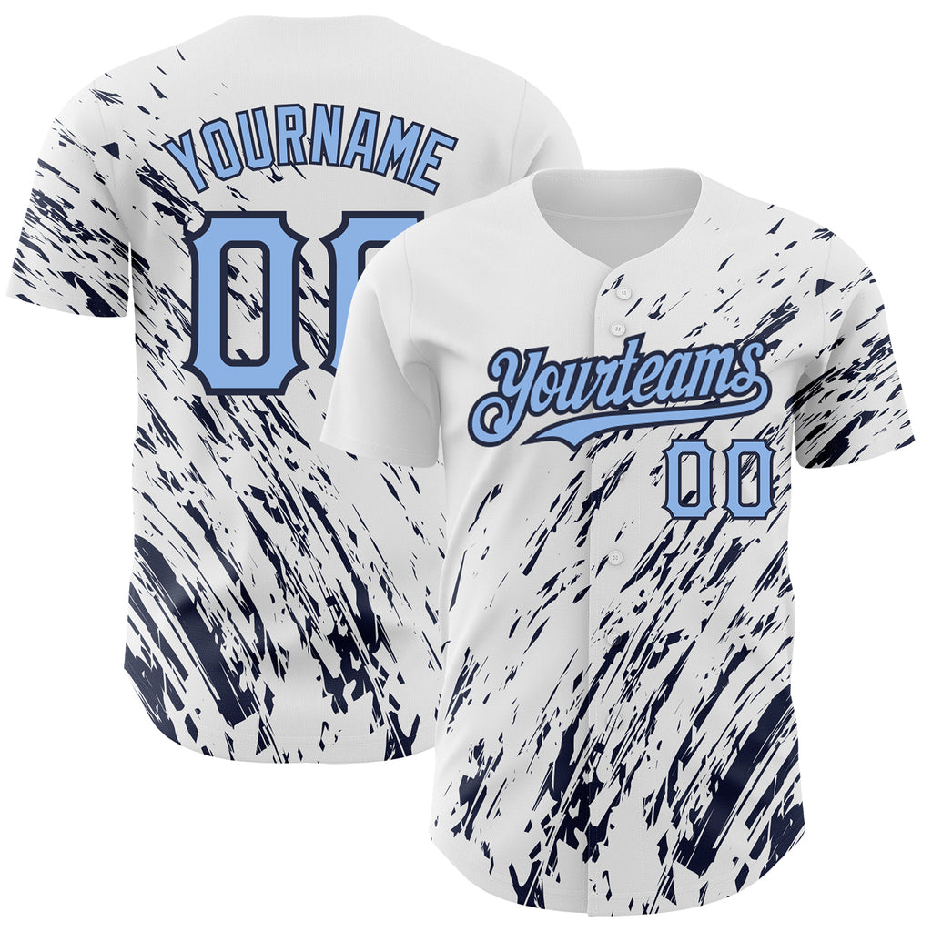 Custom White Light Blue-Navy 3D Pattern Design Abstract Splash Authentic Baseball Jersey