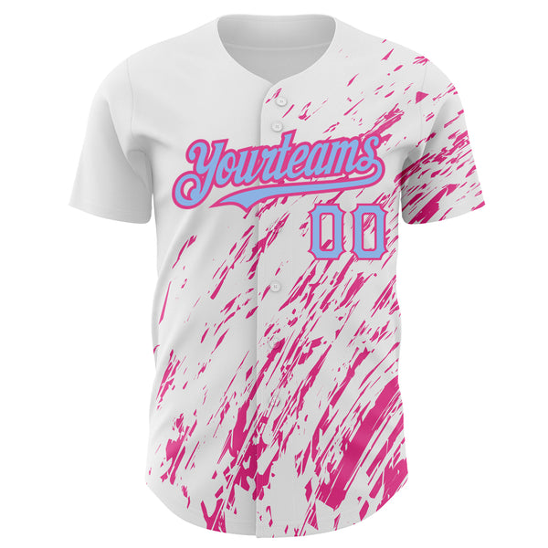 Custom White Light Blue-Pink 3D Pattern Design Abstract Splash Authentic Baseball Jersey