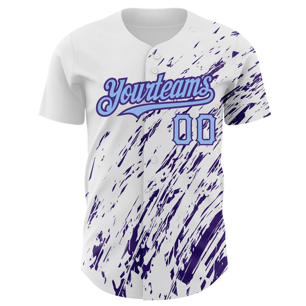 Custom White Light Blue-Purple 3D Pattern Design Abstract Splash Authentic Baseball Jersey