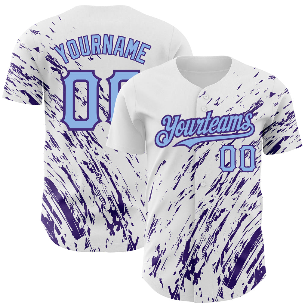 Custom White Light Blue-Purple 3D Pattern Design Abstract Splash Authentic Baseball Jersey