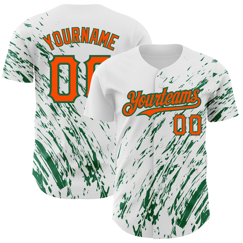 Custom White Orange-Kelly Green 3D Pattern Design Abstract Splash Authentic Baseball Jersey