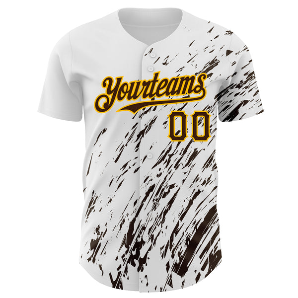Custom White Brown-Gold 3D Pattern Design Abstract Splash Authentic Baseball Jersey