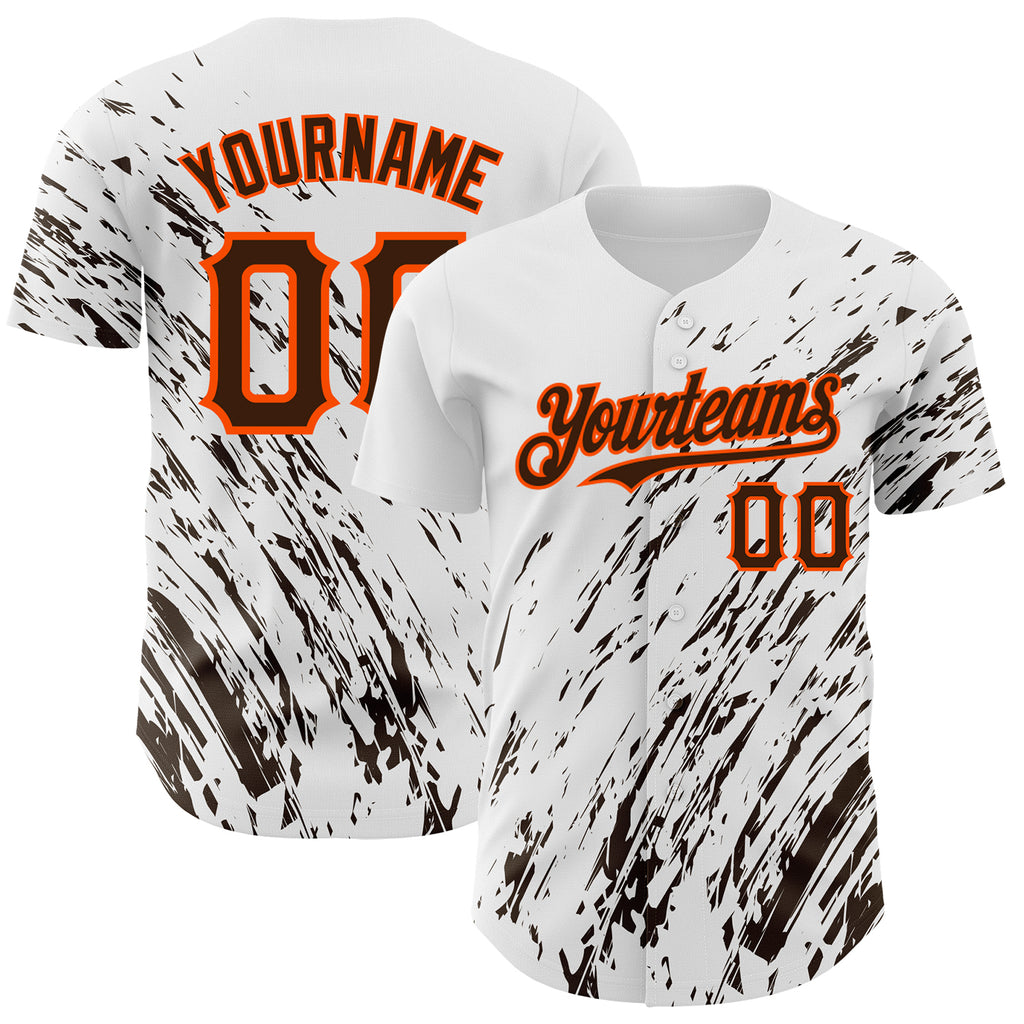 Custom White Brown-Orange 3D Pattern Design Abstract Splash Authentic Baseball Jersey