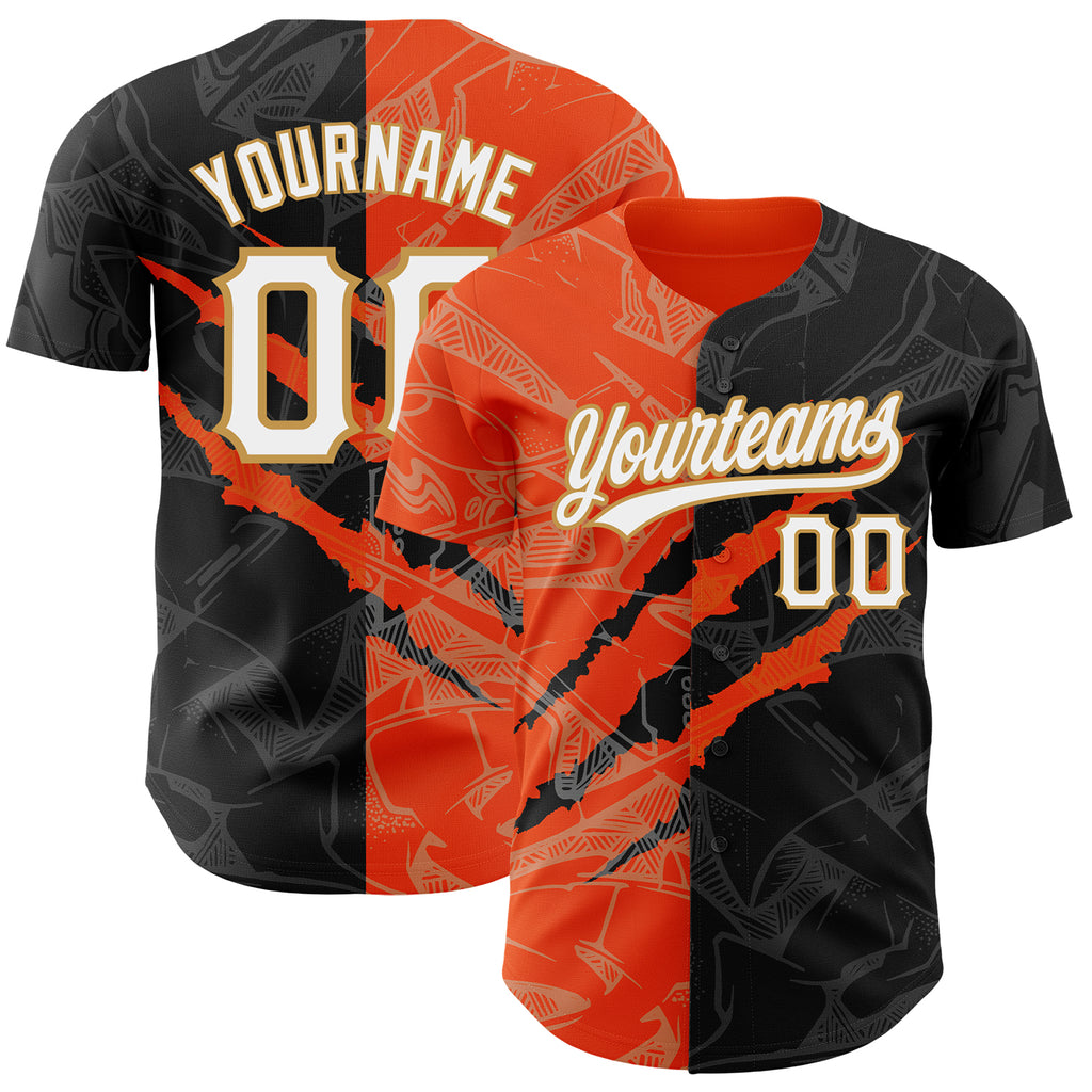 Custom Graffiti Pattern Black Orange-Old Gold 3D Scratch Authentic Baseball Jersey