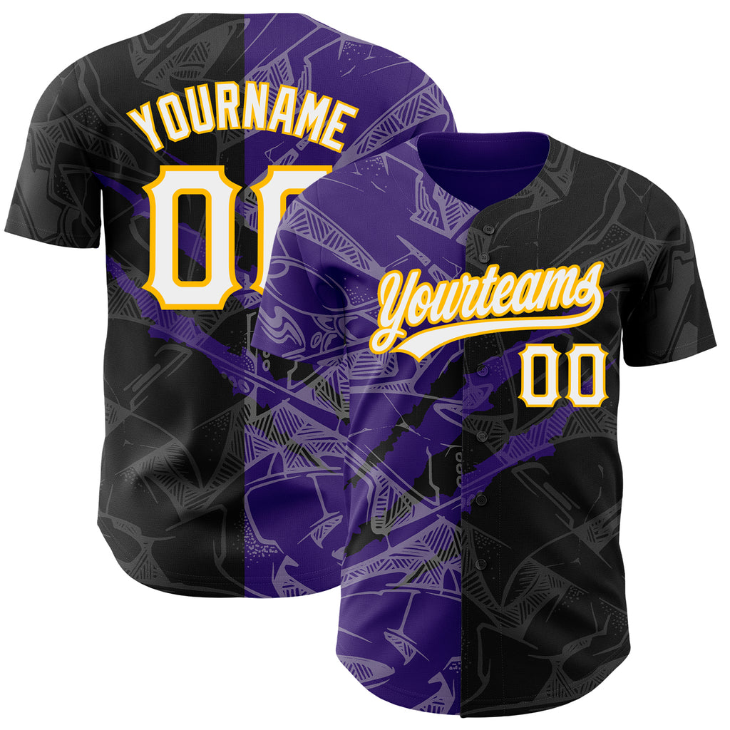 Custom Graffiti Pattern Black Purple-Gold 3D Scratch Authentic Baseball Jersey