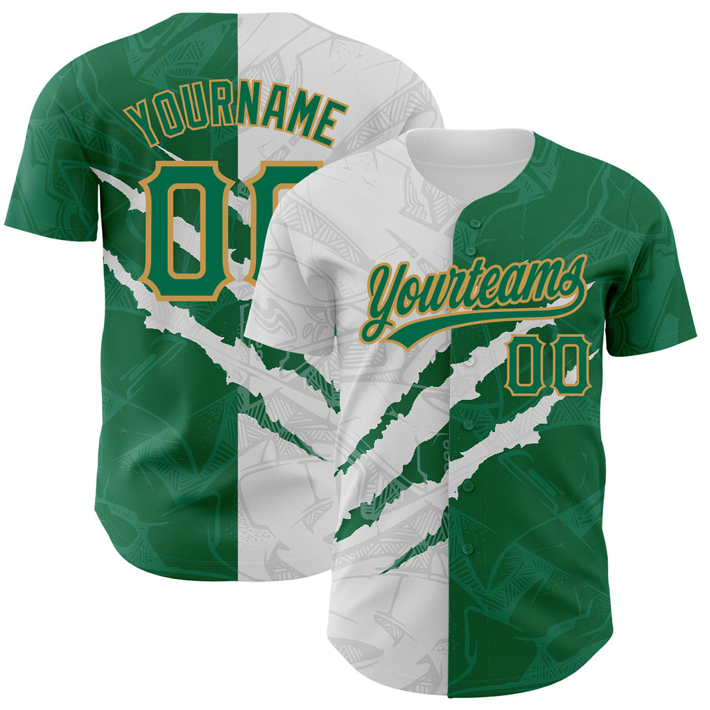 Custom Graffiti Pattern Kelly Green-Old Gold 3D Scratch Authentic Baseball Jersey