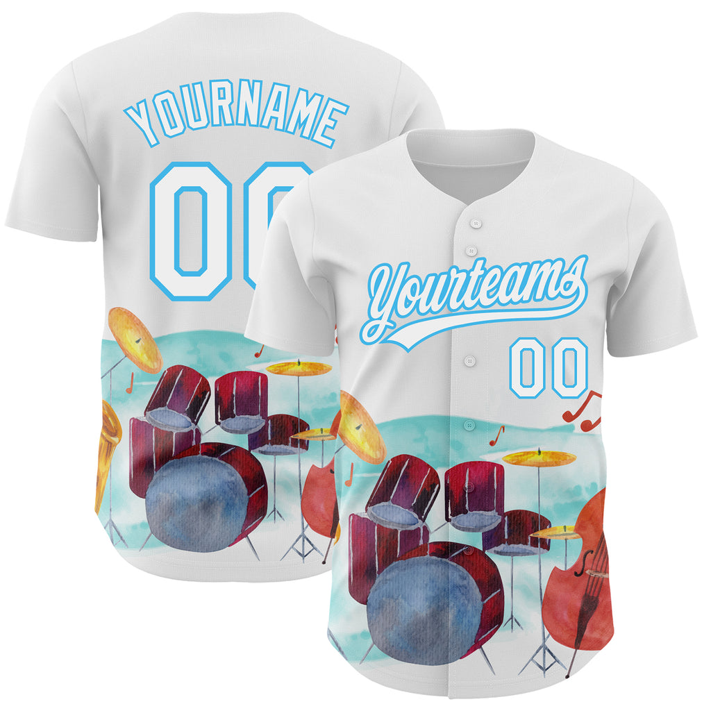 Custom White Sky Blue 3D Pattern Design International Jazz Day Authentic Baseball Jersey