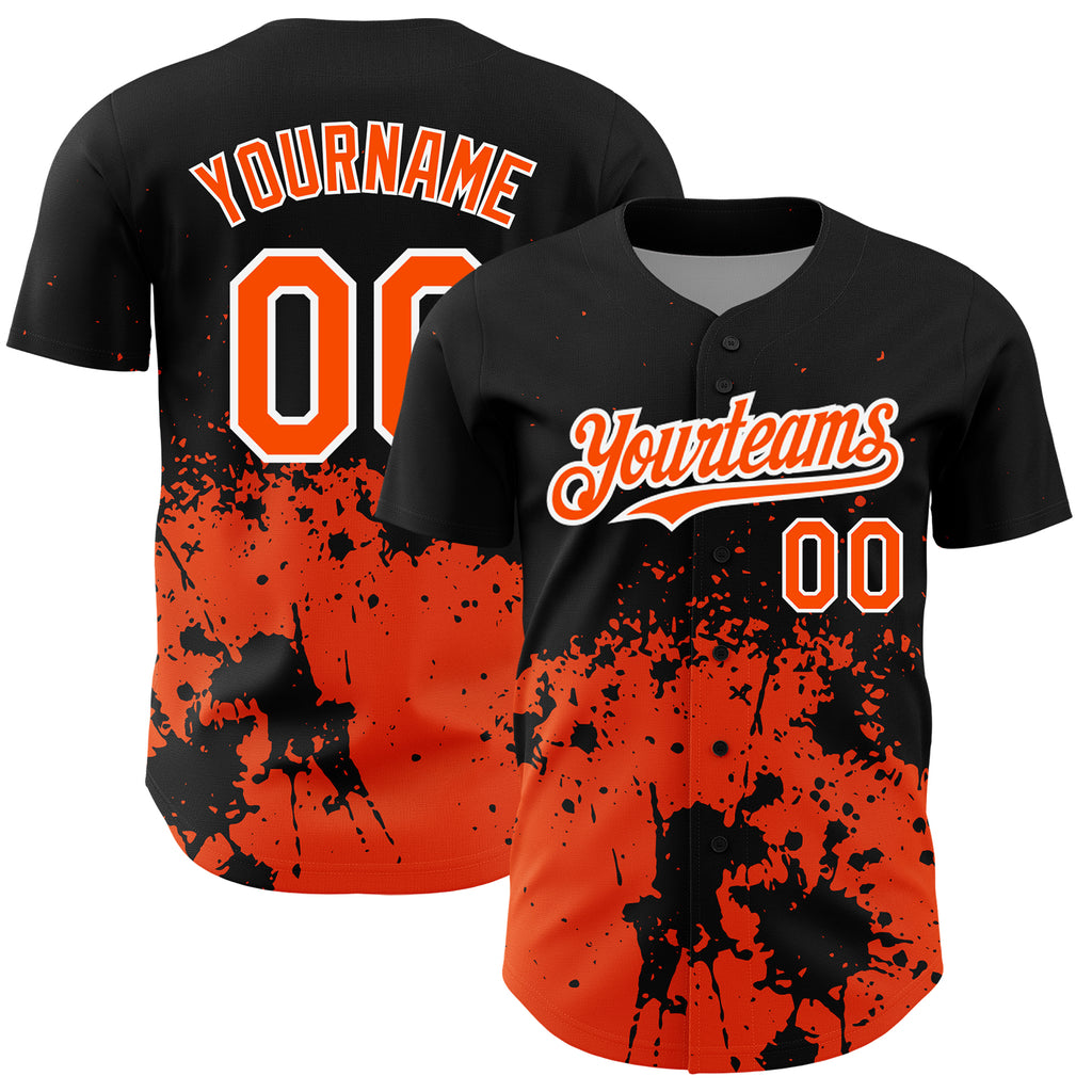 Custom Black Orange-White 3D Pattern Design Abstract Splash Grunge Art Authentic Baseball Jersey