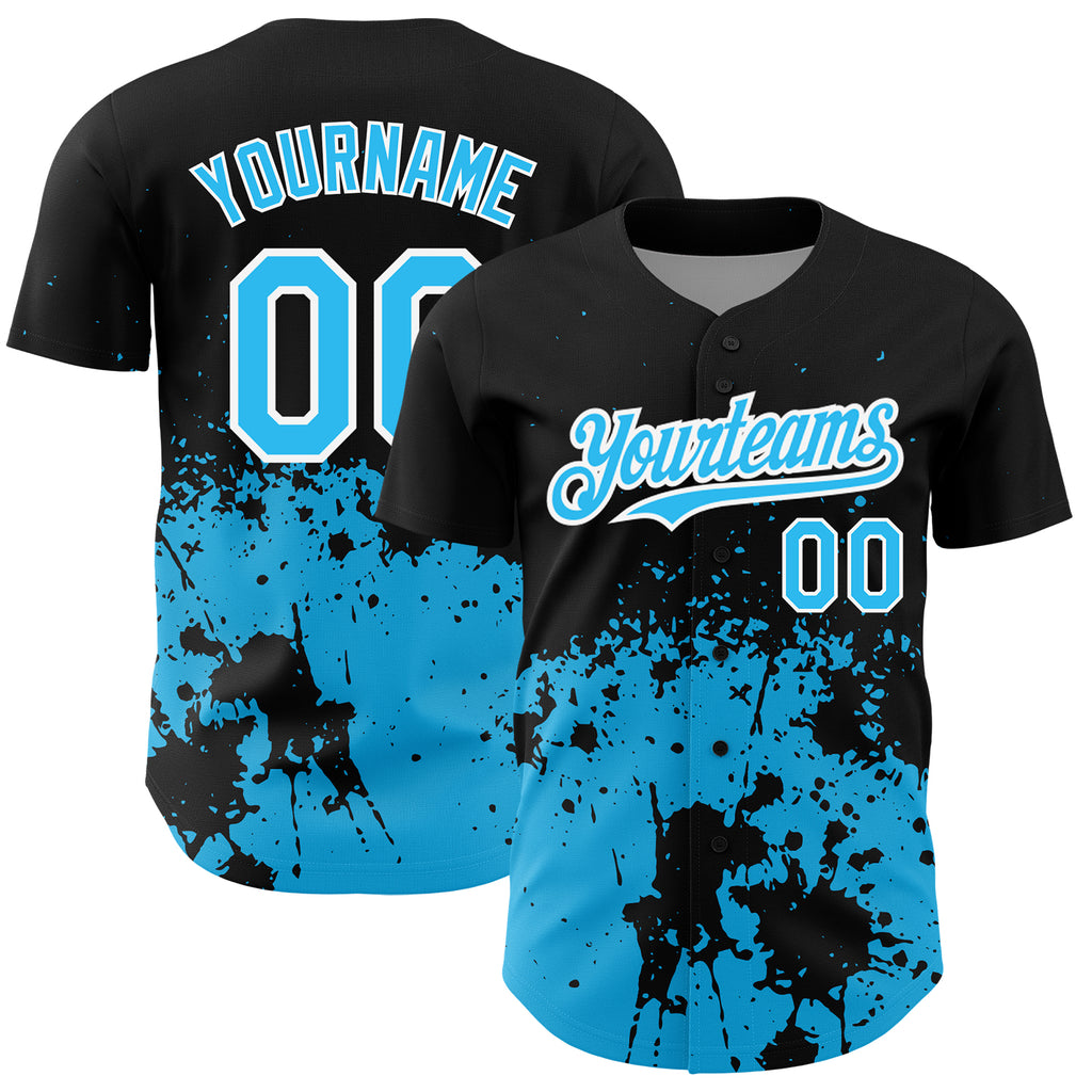 Custom Black Sky Blue-White 3D Pattern Design Abstract Splash Grunge Art Authentic Baseball Jersey