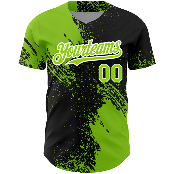 Custom Black Neon Green-White 3D Pattern Design Abstract Brush Stroke Authentic Baseball Jersey