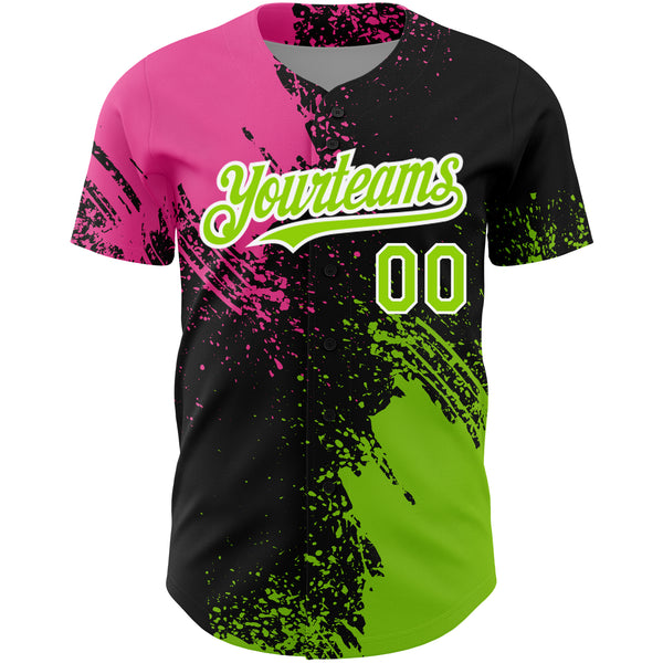 Custom Black Neon Green-Pink 3D Pattern Design Abstract Brush Stroke Authentic Baseball Jersey