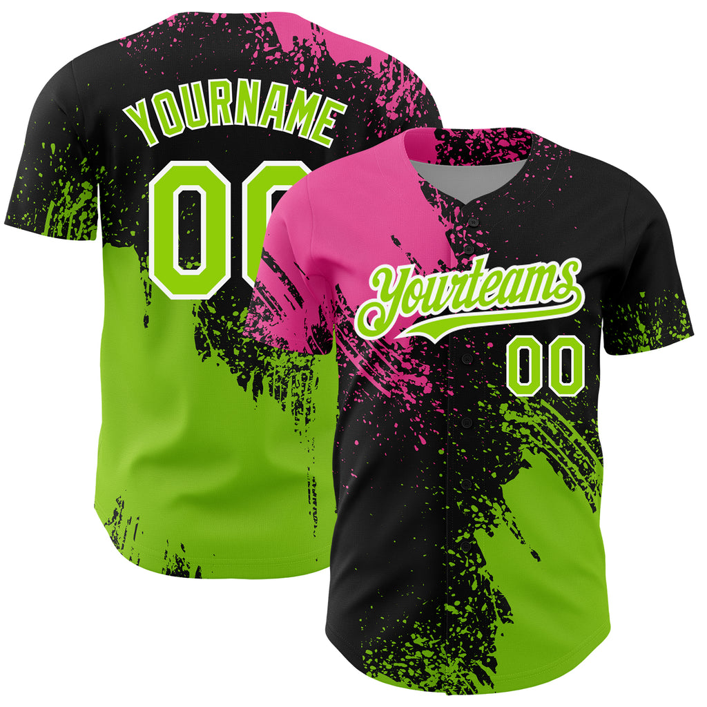 Custom Black Neon Green-Pink 3D Pattern Design Abstract Brush Stroke Authentic Baseball Jersey