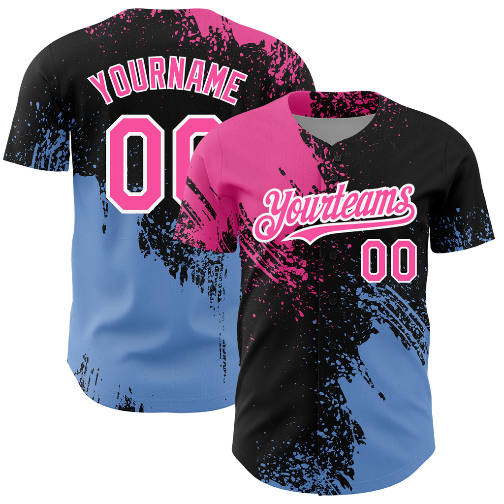 Custom Black Pink-Light Blue 3D Pattern Design Abstract Brush Stroke Authentic Baseball Jersey