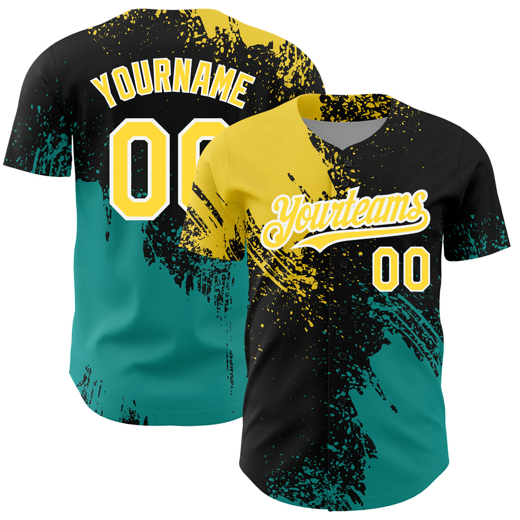 Custom Black Yellow-Teal 3D Pattern Design Abstract Brush Stroke Authentic Baseball Jersey