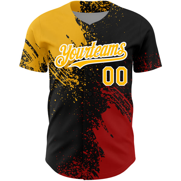 Custom Black Gold-Red 3D Pattern Design Abstract Brush Stroke Authentic Baseball Jersey