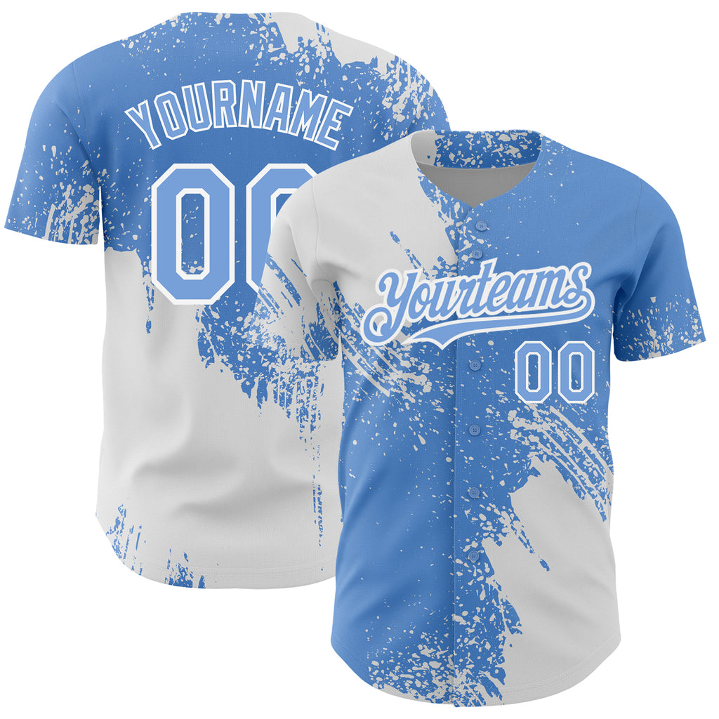 Custom Light Blue White 3D Pattern Design Abstract Brush Stroke Authentic Baseball Jersey